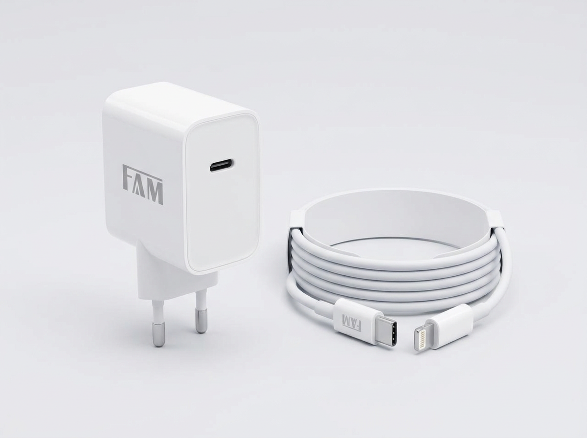 Carregador FAM Prime USB-C 30 W com cabo USB-C para Lightning