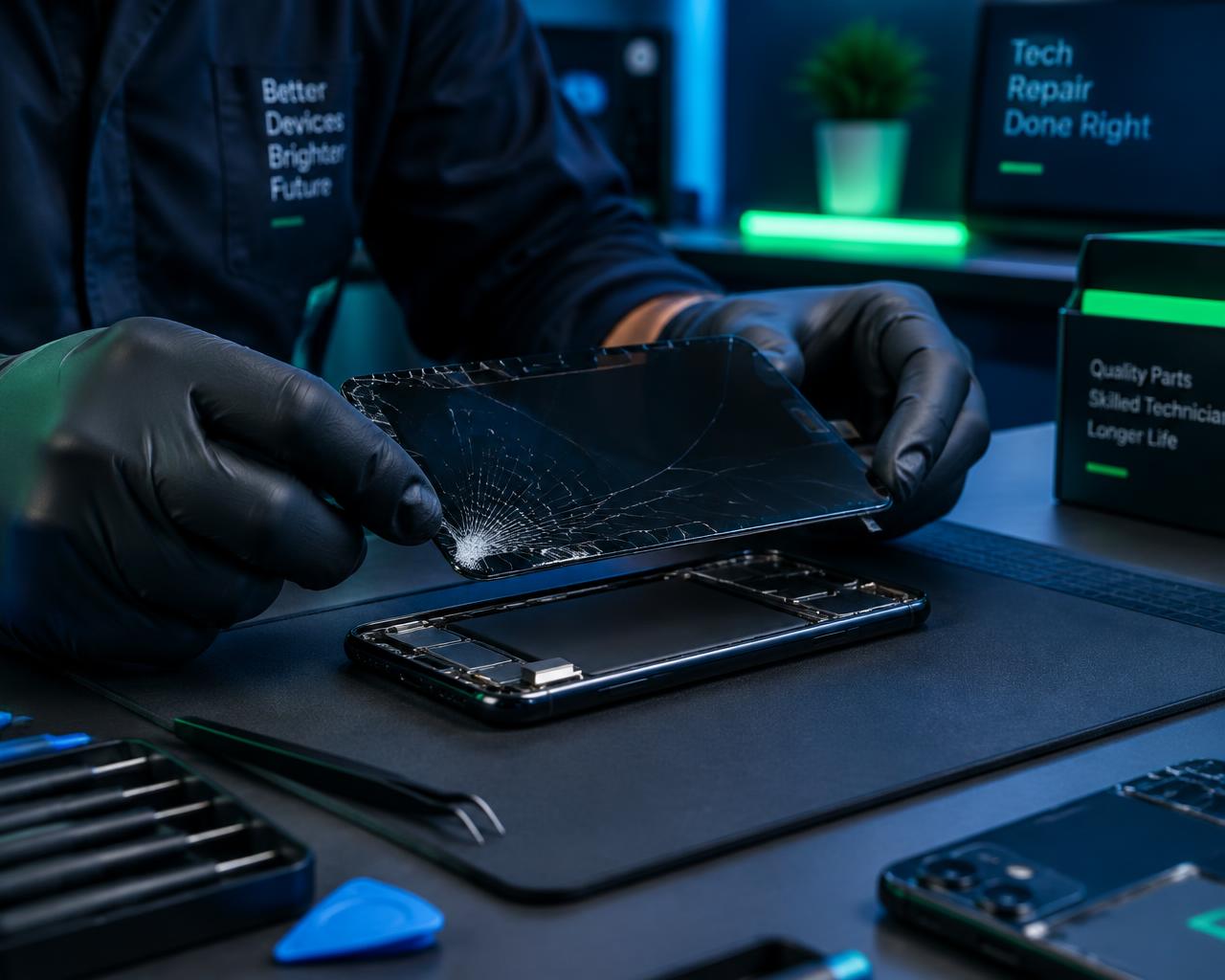 Técnico da PH CELL trocando o vidro de um celular